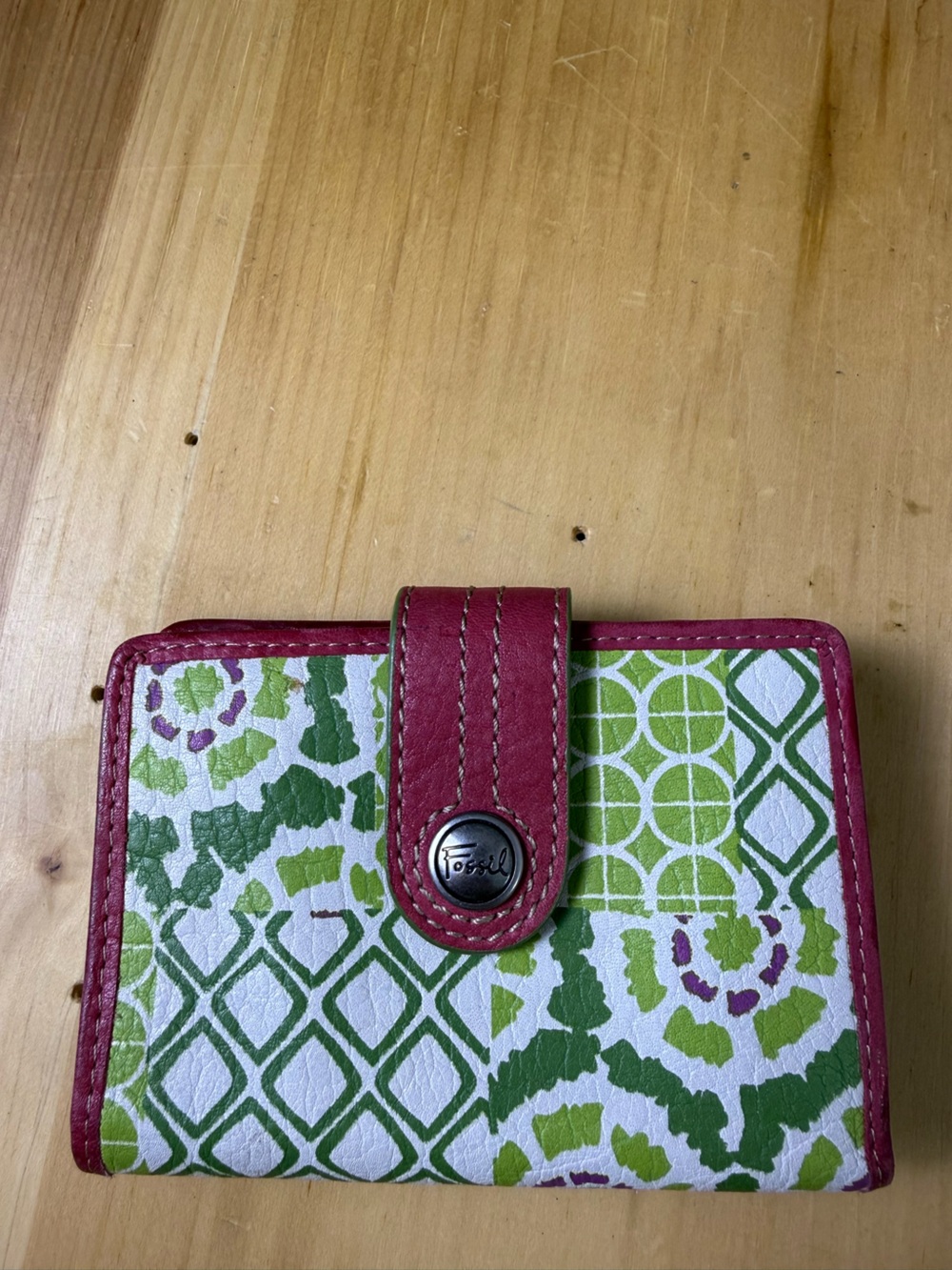Fossil Leather Mini Wallet Green Pink Geometric Snap Close Travel Small Cardhold
